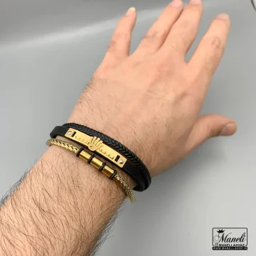 دستبند چرم و استیل مردانه سه ردیفه رولکس 14040185